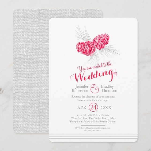 Pine cones art drawing red grey wedding invitation (Front/Back)