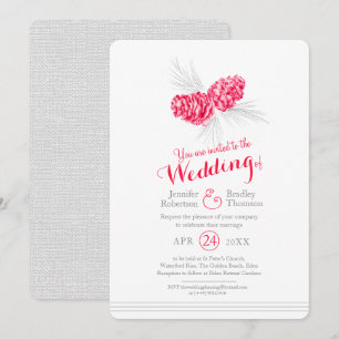 Pine cones art drawing red grey wedding invitation