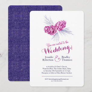 Pine cones art plum navy winter wedding invites