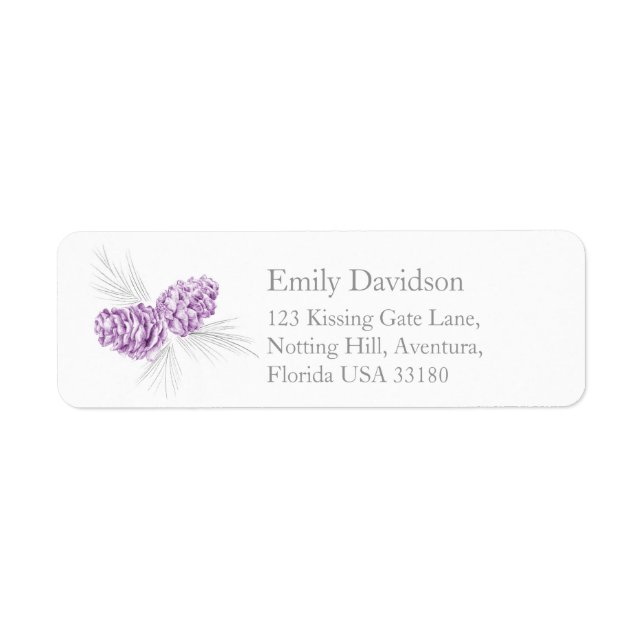 Pine cones art purple grey wedding reply labels (Front)