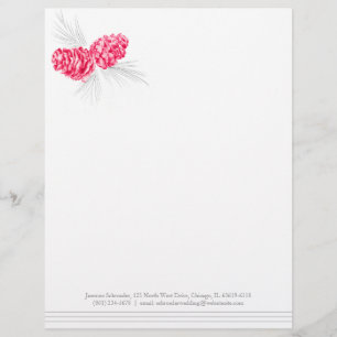 Pine cones art red grey wedding letterhead