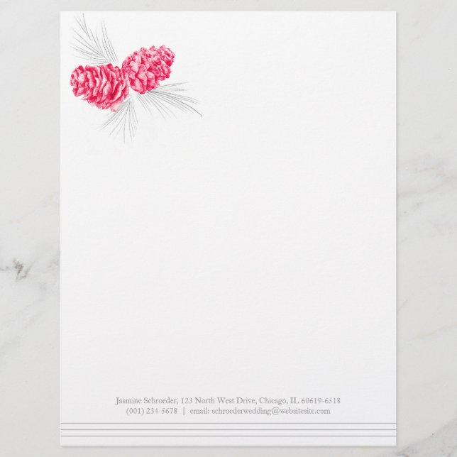 Pine cones art red grey wedding letterhead (Front)
