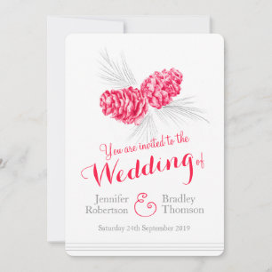 Pine cones art red grey winter wedding invitations