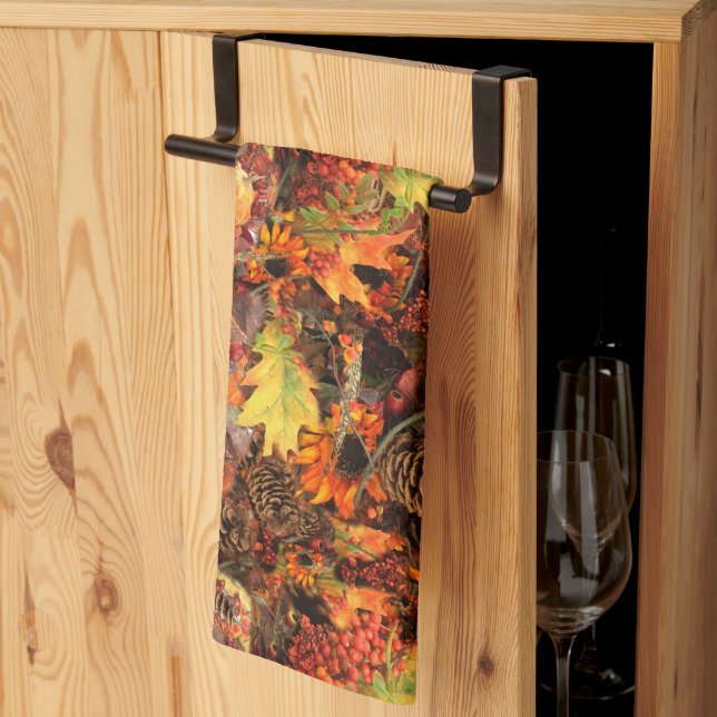 Pine Cones Autumn Leaves Thanksgiving Tea Towel (Thirds Fold)