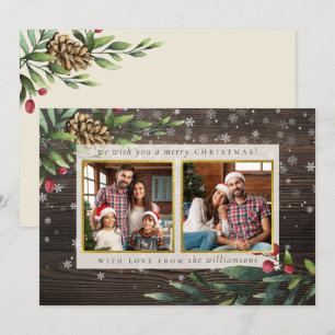 Pine Cones & Berries Wood & Gold Christmas Photo Invitation