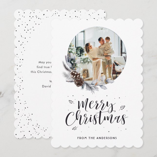 Pine Cones Botanical Wreath Photo Merry Christmas Holiday Card (Front/Back)