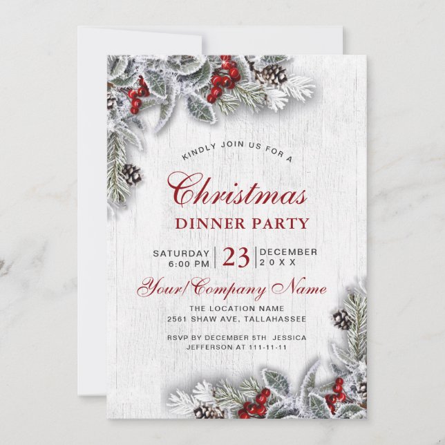 Pine Cones Branch Rustic Christmas Dinner Party Invitation (Front)