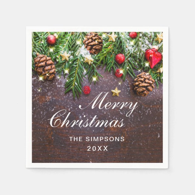 Pine Cones Branch Rustic Merry Christmas Holiday Napkin (Front)