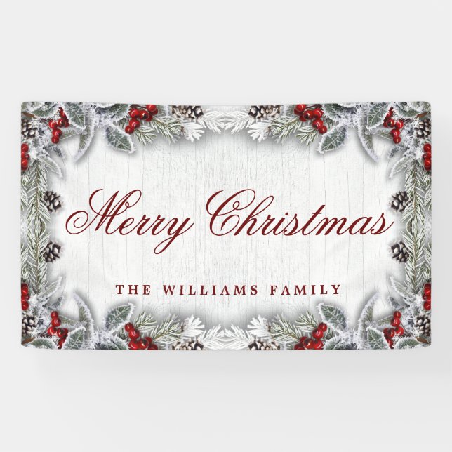 Pine Cones Branch Rustic Wood Merry Christmas Banner (Horizontal)