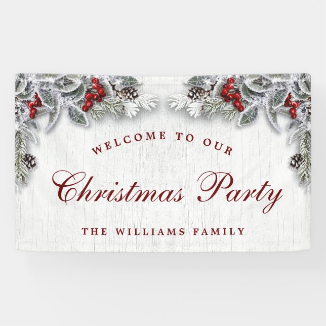 Pine Cones Branch Rustic Wood Merry Christmas Banner (Horizontal)