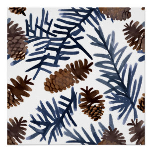 Pine Cones & Branches   Watercolor Winter Painting Poster