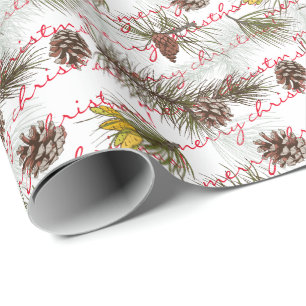 Pine Cones Customise Merry Christmas Red Text Wrapping Paper