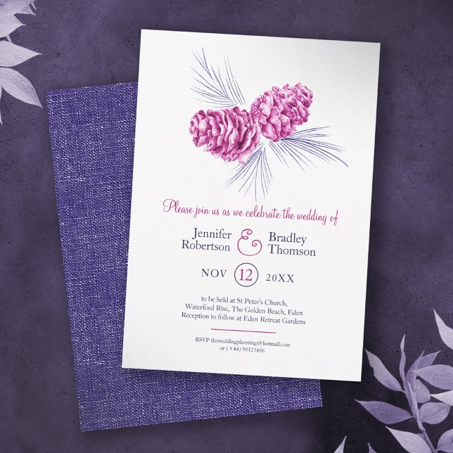 Pine cones drawing art blue plum winter wedding invitation (Creator Uploaded)