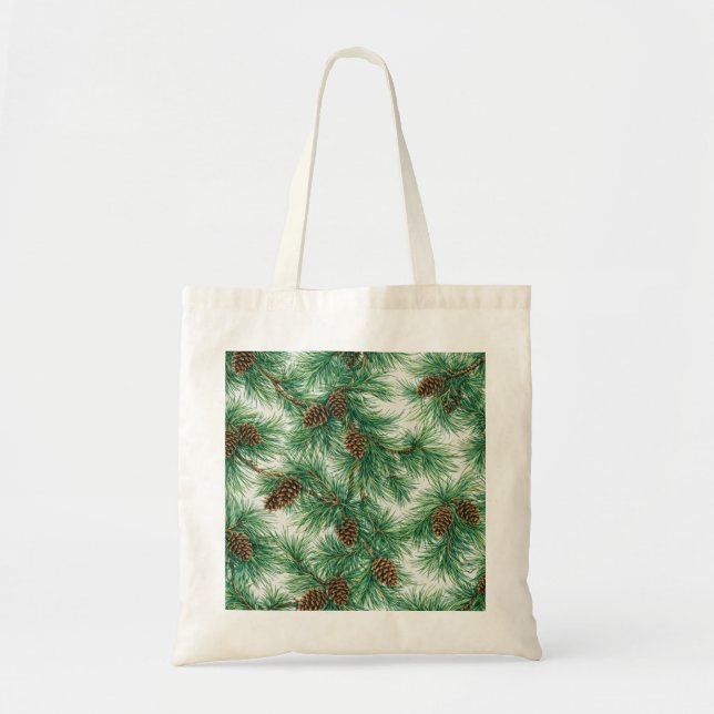 Pine Cones & Evergreen Branches Botanical Pattern Tote Bag (Front)