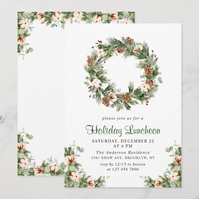 Pine Cones Fir Wreath Christmas Holiday Luncheon Invitation (Front/Back)