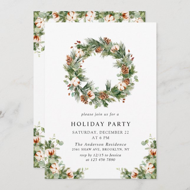 Pine Cones Fir Wreath Holiday Christmas Party Invitation (Front/Back)
