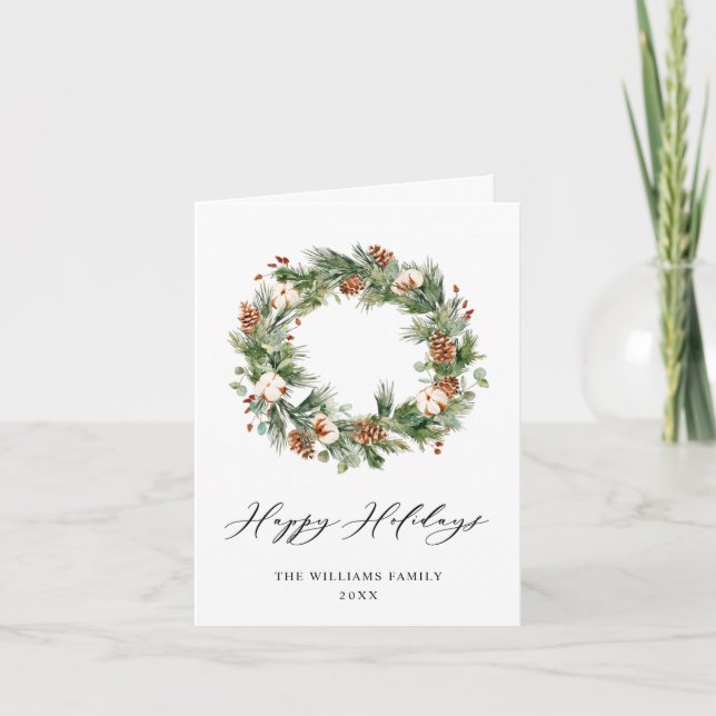 Pine Cones Fir Wreath Merry Christmas Greeting Holiday Card (Front)