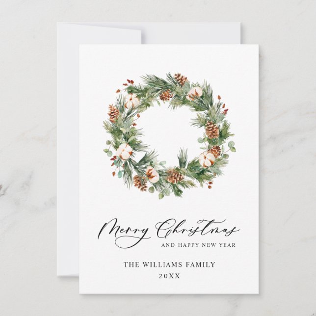 Pine Cones Fir Wreath Merry Christmas Greeting Holiday Card (Front)