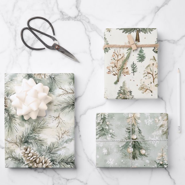 Pine Cones Green Cream Christmas Trees Snowflakes Wrapping Paper Sheet (Front)