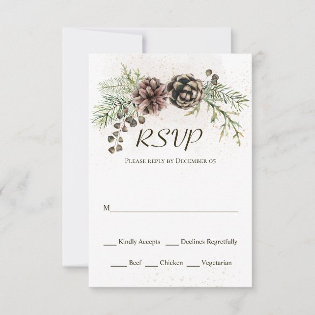 Pine Cones Greenery Winter Wedding RSVP Card (Front)