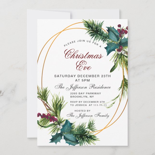Pine Cones Holly Berry Christmas Holiday EVE Invitation (Front)