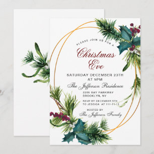 Pine Cones Holly Berry Christmas Holiday EVE Invitation
