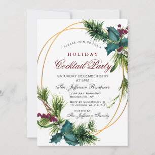 Pine Cones Holly Christmas Holiday Cocktail Party Invitation