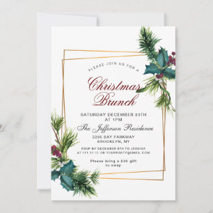 Pine Cones Holly Frame Christmas Holiday BRUNCH Invitation