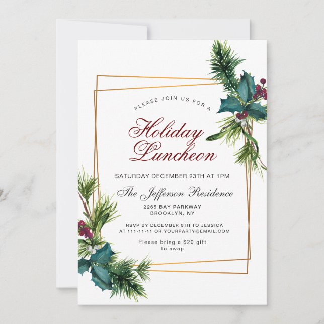 Pine Cones Holly Frame Christmas Holiday Luncheon Invitation (Front)