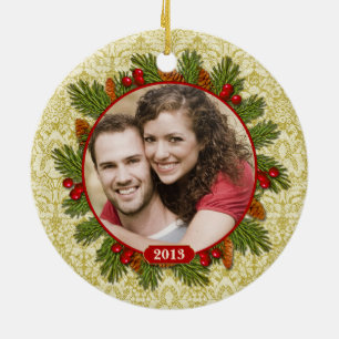 Pine Cones Holly Lace Family Photo Christmas Ceramic Tree Decoration