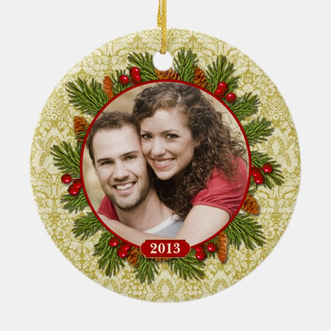 Pine Cones Holly Lace Family Photo Christmas Ceramic Tree Decoration (Back)