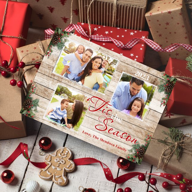 Pine Cones Holly 'Tis The Season Holiday Photocard Card (Creator Uploaded)