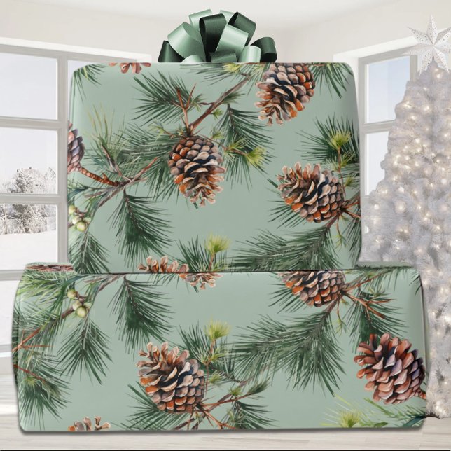 Pine Cones Laden White Pine Garlands Sage Green Wrapping Paper (Creator Uploaded)