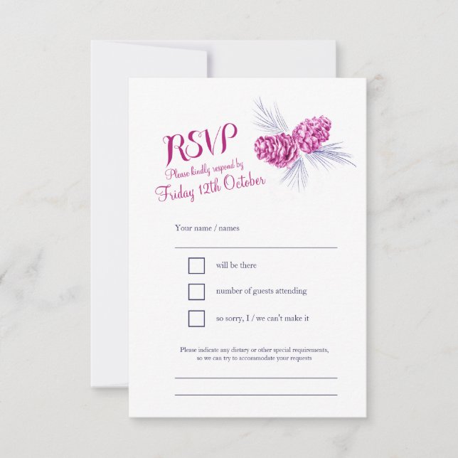 Pine cones navy and plum wedding RSVP (Front)