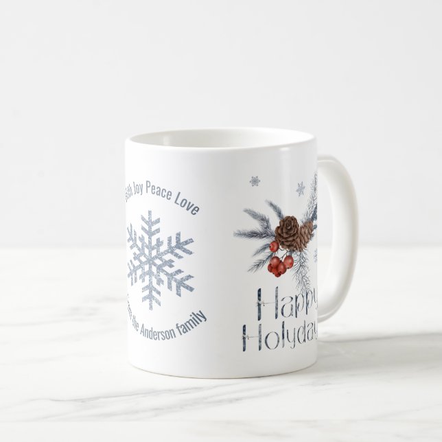 Pine Cones, Needles, Red Berries. Happy Holidays Coffee Mug (Front Right)