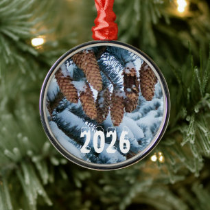 Pine Cones on a Pine Tree Covered with Snow Metal Tree Decoration