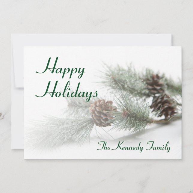 Pine cones on artificial pine branch with ice holiday card (Front)