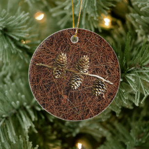 Pine Cones On Fallen Needles Ceramic Tree Decoration