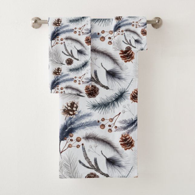 Pine Cones & Pine Needles Christmas Pattern Bath Towel Set (Insitu)