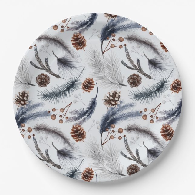 Pine Cones & Pine Needles Christmas Pattern Paper Plate (Front)