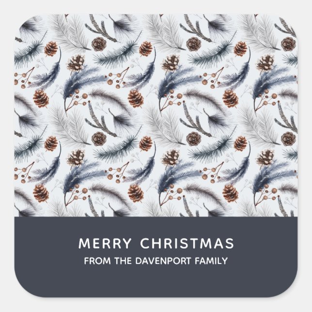 Pine Cones & Pine Needles Christmas Pattern Square Sticker (Front)