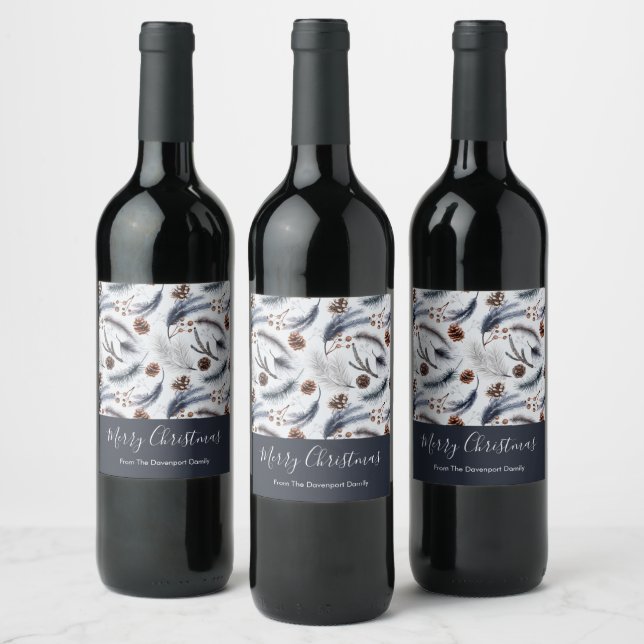 Pine Cones & Pine Needles Christmas Pattern Wine Label (Bottles)
