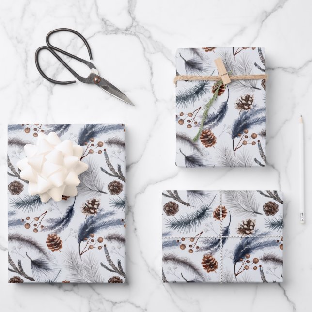 Pine Cones & Pine Needles Christmas Pattern Wrapping Paper Sheet (Front)