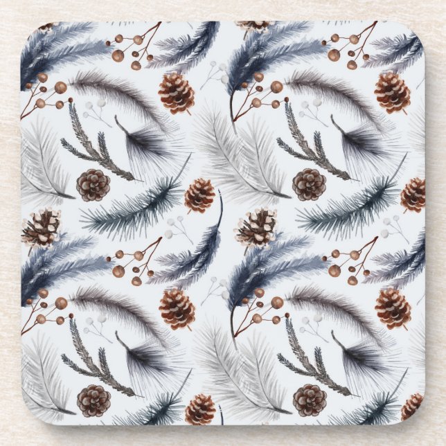 Pine Cones & Pine Needles Watercolor Pattern Coaster (Front)