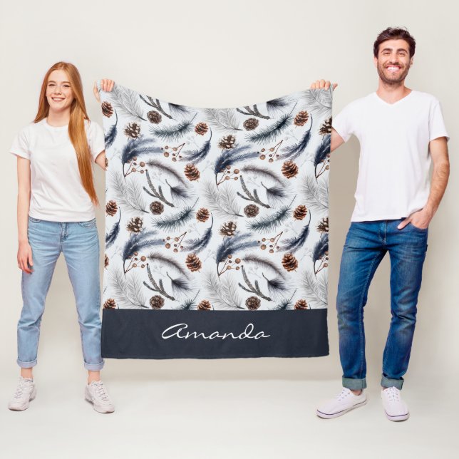  Pine Cones & Pine Needles Watercolor Pattern Fleece Blanket (In Situ)