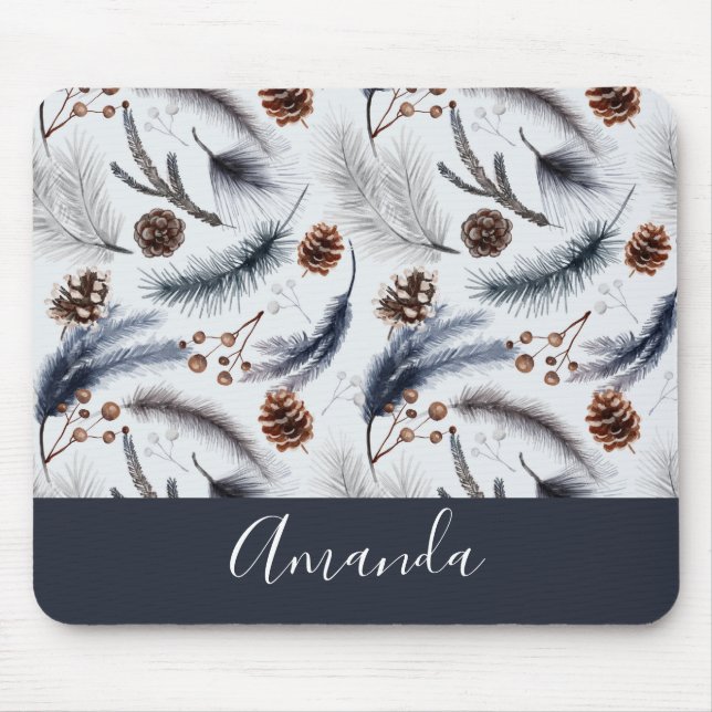 Pine Cones & Pine Needles Watercolor Pattern Mouse Mat (Front)