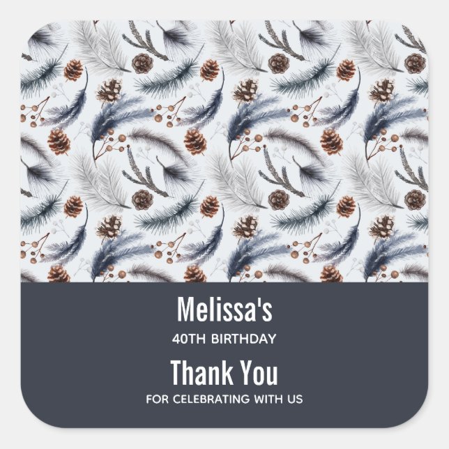 Pine Cones & Pine Needles Winter Pattern Favour Square Sticker (Front)