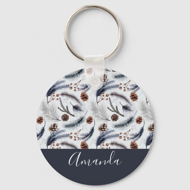 Pine Cones & Pine Needles Winter Pattern  Key Ring (Front)