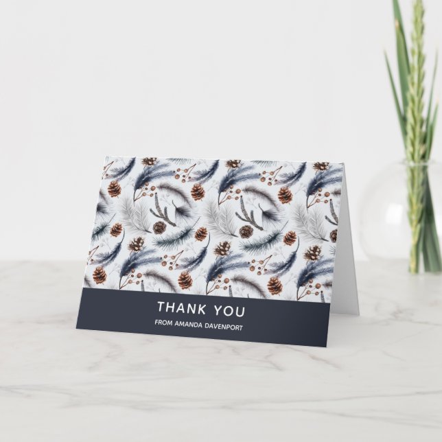 Pine Cones & Pine Needles Winter Pattern Thank You Card (Front)
