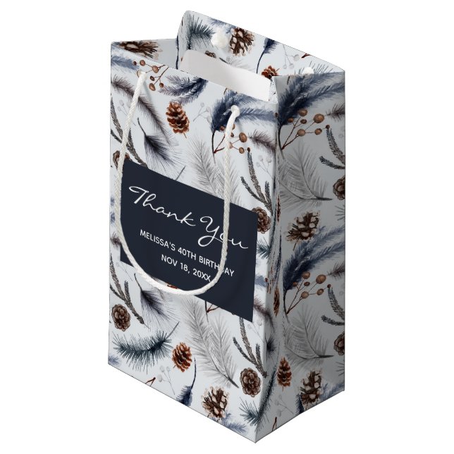 Pine Cones & Pine Needles Winter Pattern Thank You Small Gift Bag (Front Angled)